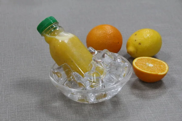 Bottle Healthy Orange Lemon Juice Basil Seeds Served Iced Cube — Stock Photo, Image