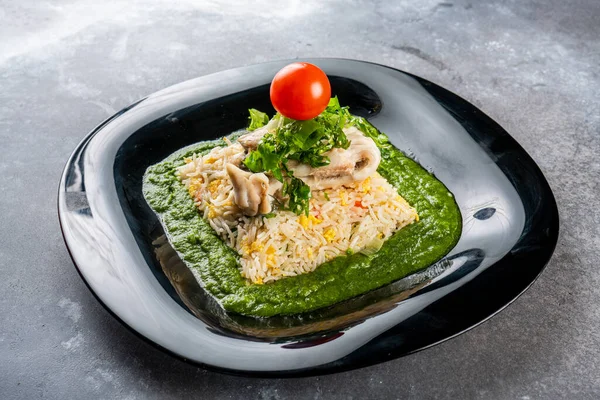Steamed Seabass Fried Rice Served Dish Isolated Dark Background Side — 스톡 사진