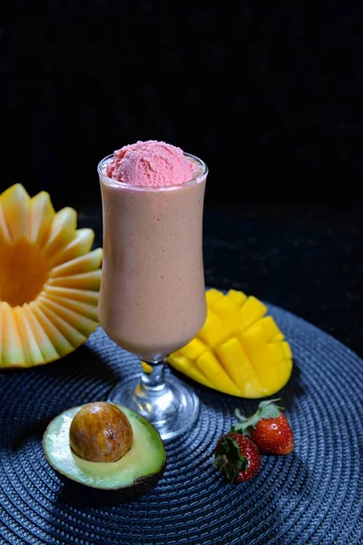 Mix Fruit Shake Mango Strawberry Avocado Ice Cream Served Glass — ストック写真