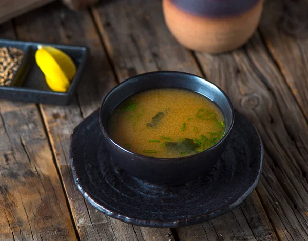 Miso Soup Served Bowl Isolated Wooden Background Side View Appetizer — ストック写真