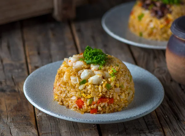 Shrimp Rice Served Dish Isolated Wooden Board Side View — Zdjęcie stockowe