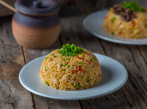 Vegetable Rice Served Dish Isolated Wooden Board Side View — Zdjęcie stockowe