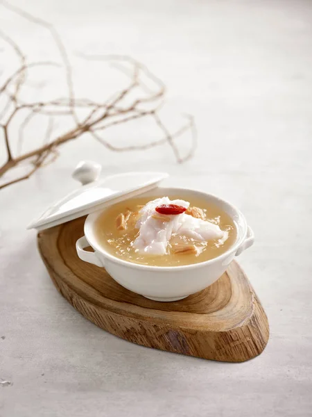 Grouper Fillet Winter Melon Conpoy Soup Served Bowl Isolated Wooden — ストック写真
