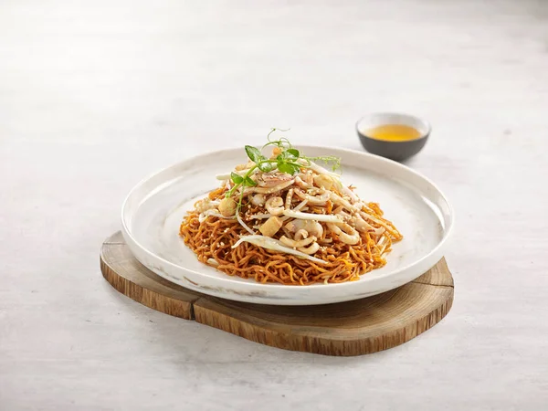 Stir Fried Noodle Pork Lard Squid Supreme Soya Sauce Served — Stockfoto