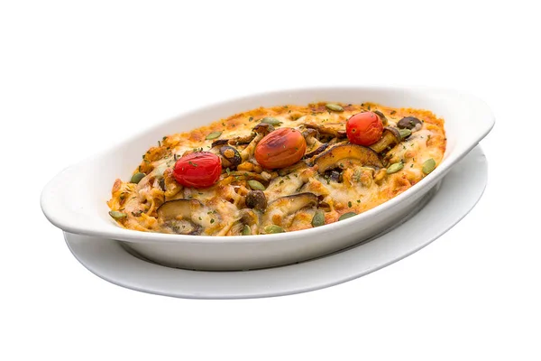 Tomato Mushrooms Baked Pasta Served Dish Isolated Plain White Background — 스톡 사진