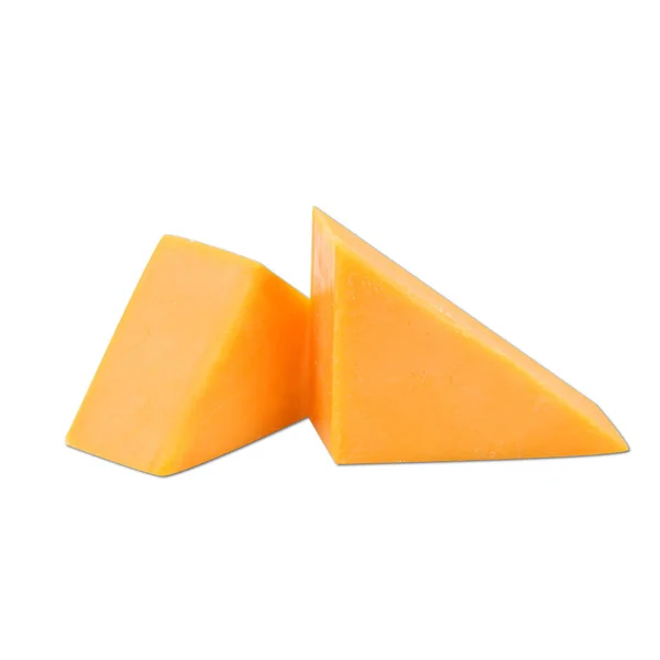 Cheddar Cheese Cube Slice Isolated Plain White Background Side View — Foto Stock