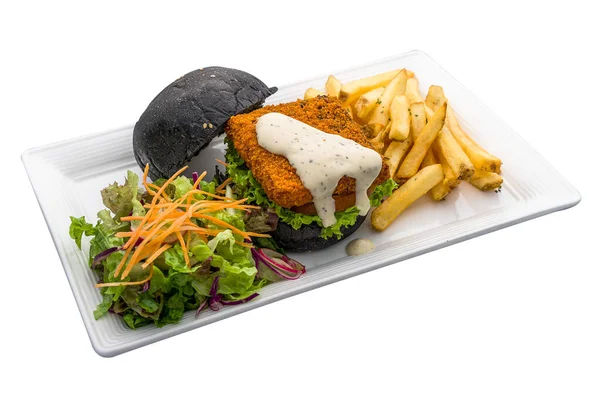 Handmade Cheese Patty Burger Fries Salad Served Dish Isolated Plain — Photo