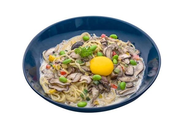 Runny Yolk Carbonara Pasta Served Dish Isolated Plain White Background — ストック写真