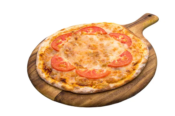 Magherrita Pizza Isolated Wooden Cutting Board Plain White Background Side — Stockfoto