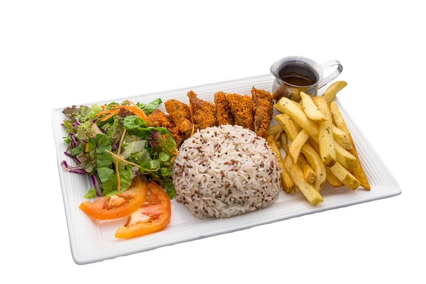 Lion Mane Cheesy Cutlet Rice Set Salad Fries Served Dish — Stock Fotó