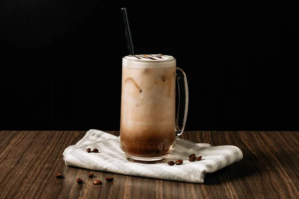 Iced Mocha Coffee Cream Tall Glass Coffee Beans Portafilter Tamper — стоковое фото