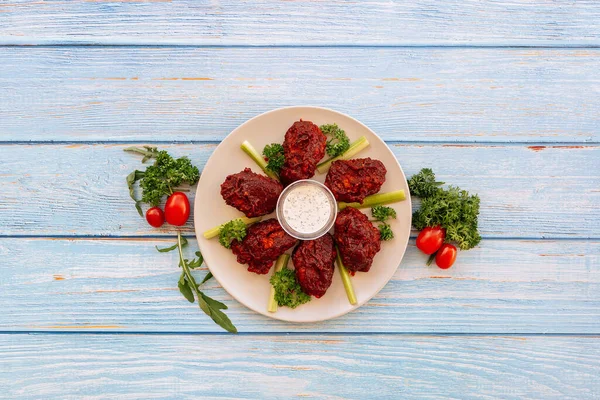 Valle Buffalo Mid Joint Wings Dip Tomato Cherry Served Dish — Stock fotografie