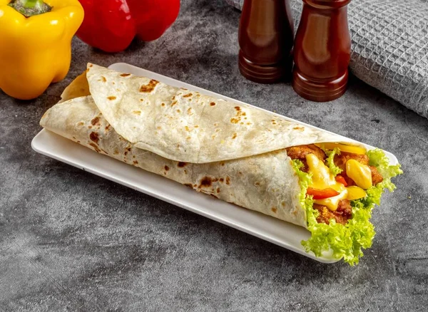 Salted Egg Crispy Chicken Shawarma Wrap Served Cutting Board Grey — Φωτογραφία Αρχείου