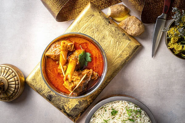 Indian Spices Nalli Ihari Rogan Josh Rice Ginger Served Dish — Stock Photo, Image