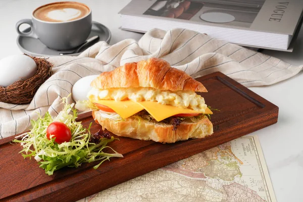 Crushed Egg Salad Cheese Croissants Latte Isolated Wooden Cutting Board — Stok Foto