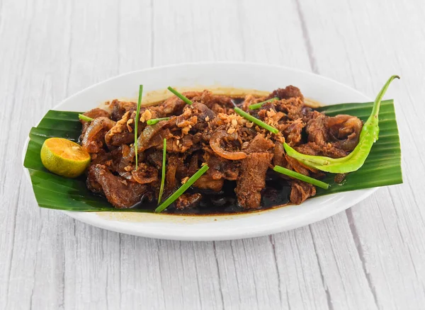 Bistek Tagalog Beef Served Dish Isolated Grey Wooden Background Side — Stockfoto