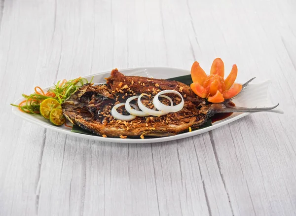 Bangus Bistek Onin Rings Served Dish Isolated Grey Wooden Background — Photo