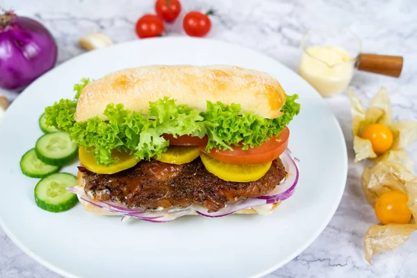 Chicken Chop Panini Cheese Tomato Cucumber Mayo Dip Served Bowl — Stock Photo, Image