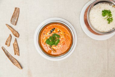 Beef handi with plain rice served in a dish isolated on table top view of indian spices food