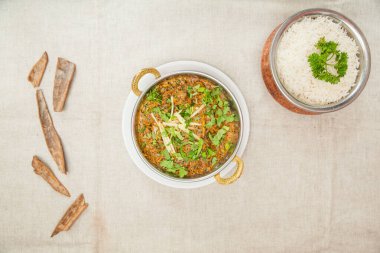 Mutton mint masala plain rice served in a dish isolated on table top view of indian spices food