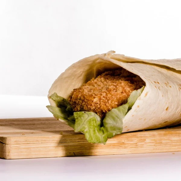 Musahab Wrap Shawarma Meal Isolated Wooden Board Side View Grey — Foto de Stock