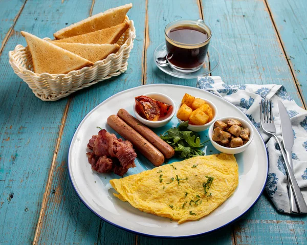 International English Breakfast Coffee Bread Slice Egg Served Dish Side — Stok fotoğraf
