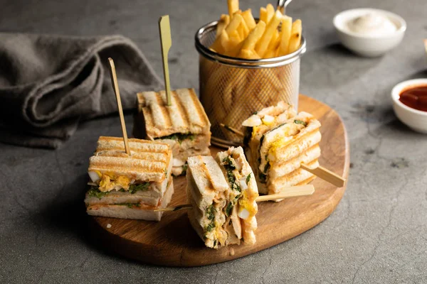 Club Sandwich Fries Mayo Dip Sauce Isolated Cutting Board Side — Stockfoto
