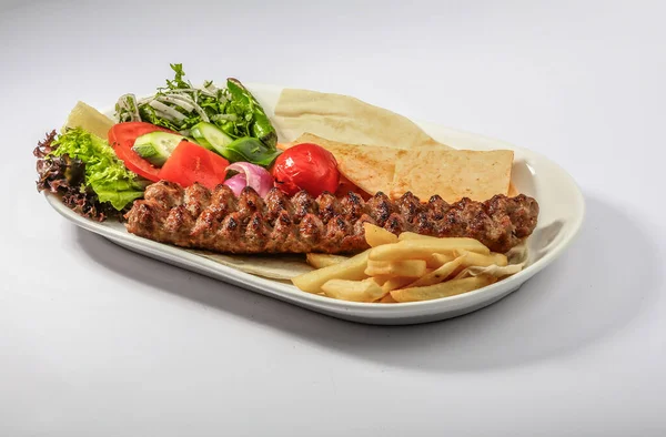 Meat Kebab Platter Salad Fries Pita Bread Served Dish Side — Stock Photo, Image