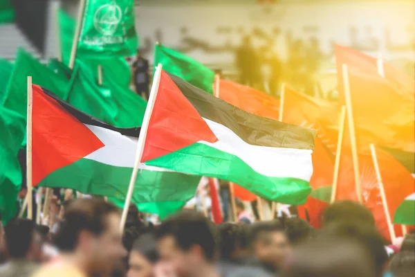 巴勒斯坦人民用太阳耀斑挥动的巴勒斯坦国旗 — 图库照片