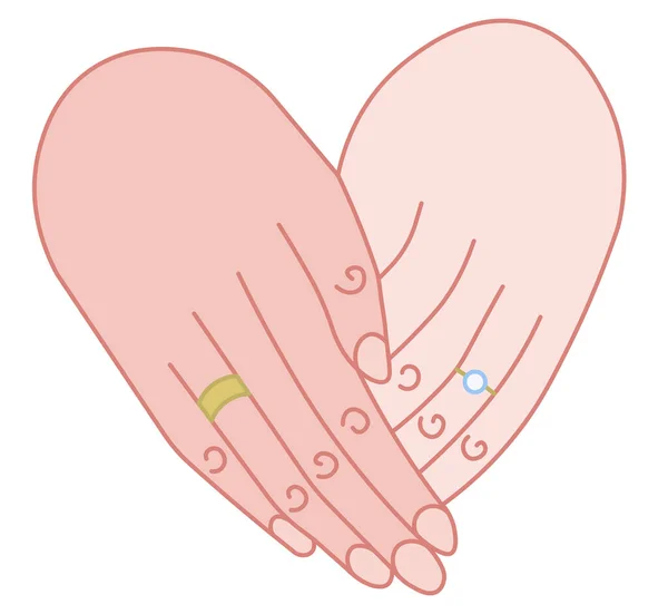 Vector Drawing Two Holding Hands Gold Diamond Rings Forming Heart — Stock Vector