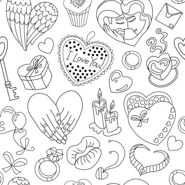 Sevgililer Günü için çizilmiş vektörsüz desen. Kalp şeklinde nesneleri olan duvar kağıdı: kanatlar, ok, zarf, yüzük, kolye, kolye, hediye, dudaklar, çift, anahtar, lolipop, şeker kutusu, mum.