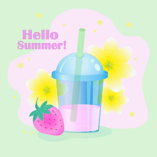 Strawberry Juice Glass Summer Print Flowers Berries — Stock Vector