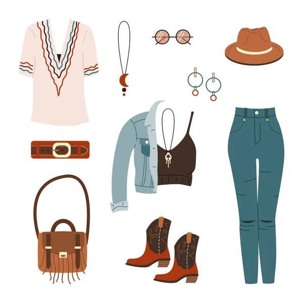 Garnitur Kleidung Und Accessoires Bohème Stil Boho Outfits Jeans Und — Stockvektor