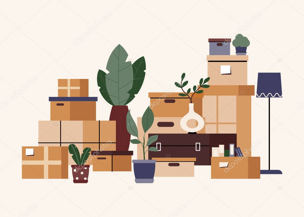 Cardboard boxes with stuff, books, houseplants and other household items. Relocation concept. Moving to new home or office. Pile of wrapped carton boxes. Cartoon vector illustration