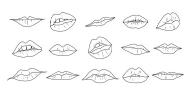 Farklı şekillerde ve kalınlıkta kadınların dudakları. Dişi ağız koleksiyonu. Beyaz arkaplanda izole edilmiş el çizimi çizimi biçimindeki vektör çizimi