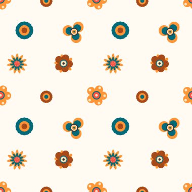 Retro 70 'in çiçek desenli arka planı. Kumaş için hippi çiçekleri, bebek odası duvar kâğıdı, şirin bir iz. Vektör vintage tekrar dokusu