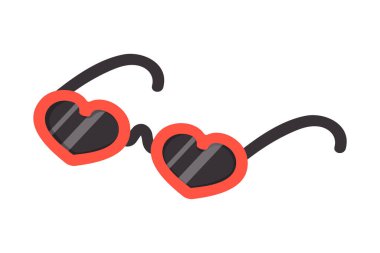 Kırmızı plastik çerçeveli kalp şeklinde sevimli güneş gözlükleri. Beyaz arkaplanda izole edilmiş vektör düz simgesi
