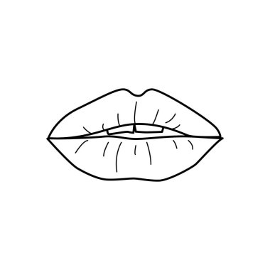 Dişi dudaklar yarım yamalak. Dudaklarını öp. Tombul dudak sanatı. Siyah vektör çizimi beyaz arkaplanda izole edildi