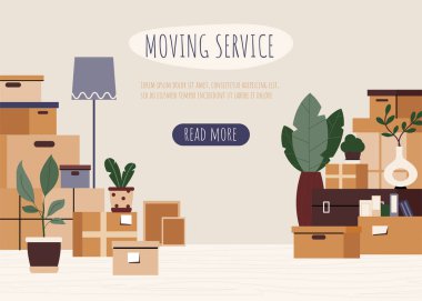 Karton kutular, kitaplar, ev bitkileri ve ev eşyaları. Ev taşıma ve taşıma hizmetleri konsepti. Paketlenmiş karton kutular. Modern tarz iniş sayfası şablonu. vektör illüstrasyonu