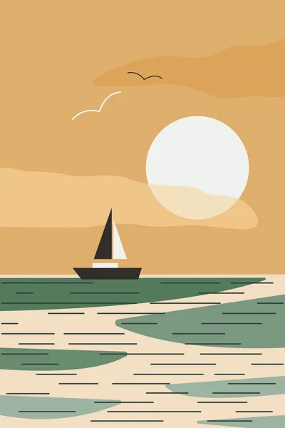 Paysage marin minimaliste abstrait avec bateau et oiseaux au coucher du soleil — Image vectorielle