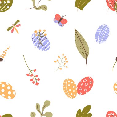 Paskalya yumurtaları süslenmiş yumurta, yaprak ve çiçeklerle kusursuz desenli. Mutlu Paskalya çiçekleri. Paket kağıdı, kumaş, kapak için düz vektör dokusu