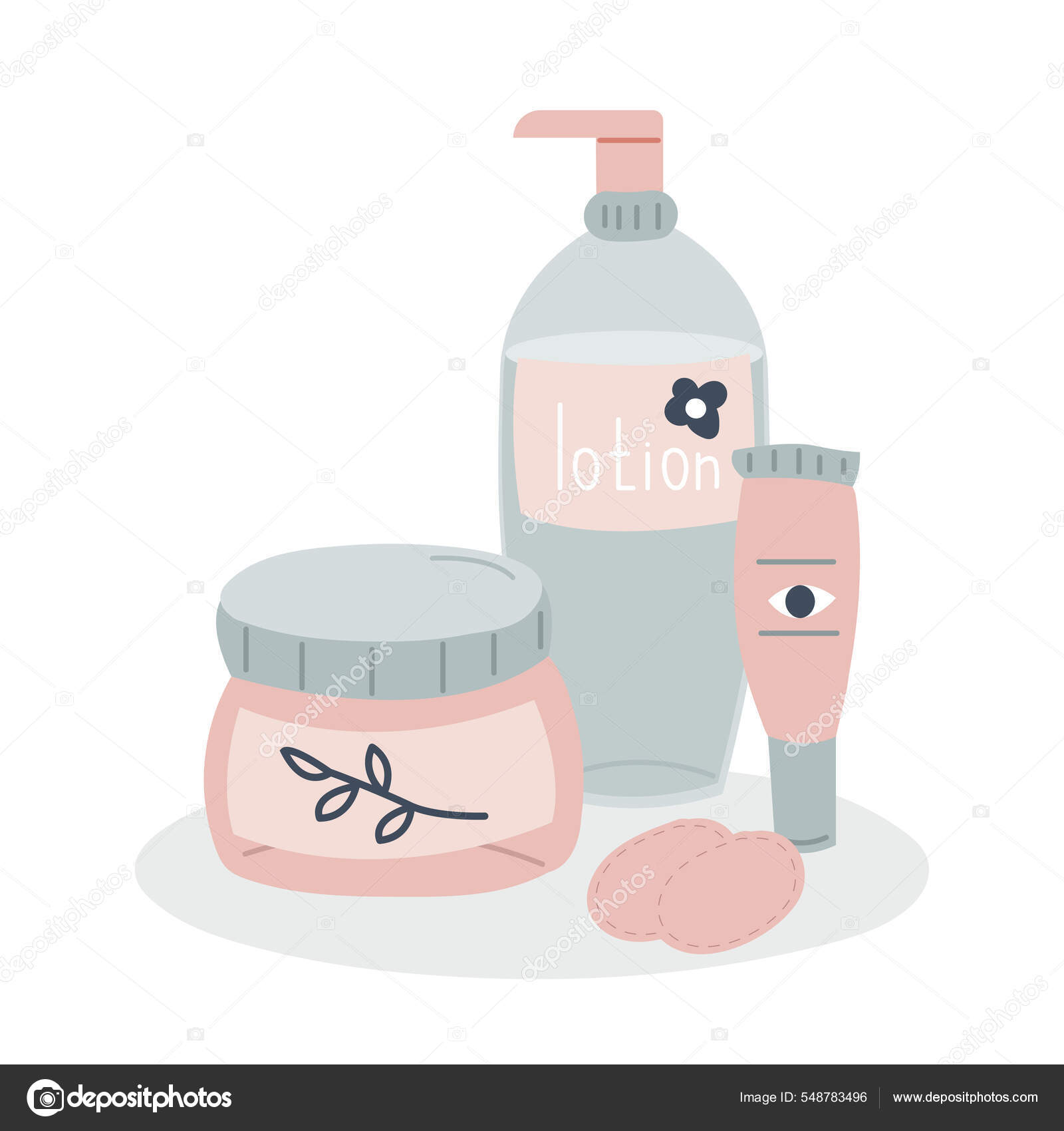 A set of bottles and tubes of cosmetics, jars for skin care with