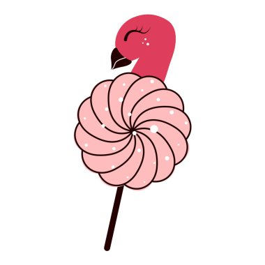 Flamingo suratlı Airy Marshmallow. Tatlı bayram tatlıları. Düz çizgi film vektör çizimi beyaz arkaplanda izole edildi