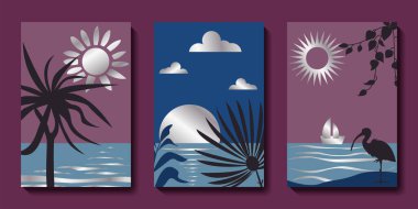 Soyut estetik deniz manzarası seti. Güneş, Ay, Deniz ve tropik bitki yapraklarıyla yaz manzaraları. Modern boho duvar sanatı. Vektör minimalist çizimler
