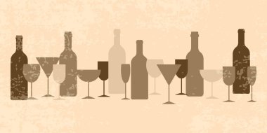 Soyut modern şarap şişeleri ve kokteyl bardakları koleksiyonu. Alkollü içecek arka planı. Şarap barı menüsü konsepti. Vintage biçiminde vektör illüstrasyonu