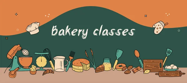 Clases Panadería Cursos Banner Fondo Ilustración Vectorial Estilo Dibujado Mano Gráficos vectoriales