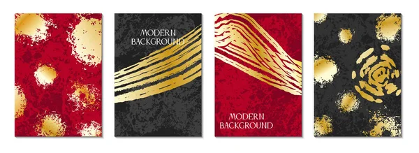 Moderne Schwarz Rote Coverdesign Kollektion Abstrakte Goldene Pinselstrich Grunge Textur — Stockvektor