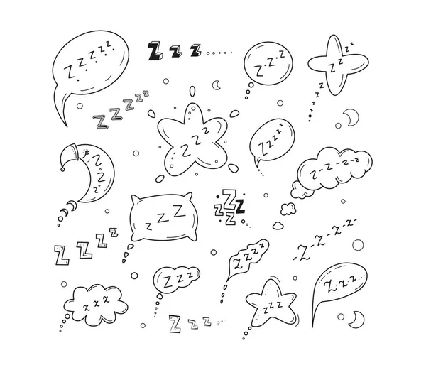Zzz Dormir Noche Doodle Iconos Conjunto Lindas Ilustraciones Símbolos Somnolientos — Vector de stock