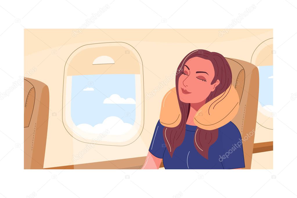 Passenger travelling on the plane is asleep. Young woman sits at the porthole and rests during the flight. Female tourist uses inflatable sleep cushion. flat vector illustration of traveler character