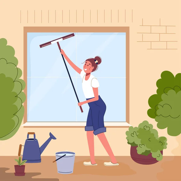 Woman Standing Patio Washes Window Her House Window Scraper Water — Stock Vector